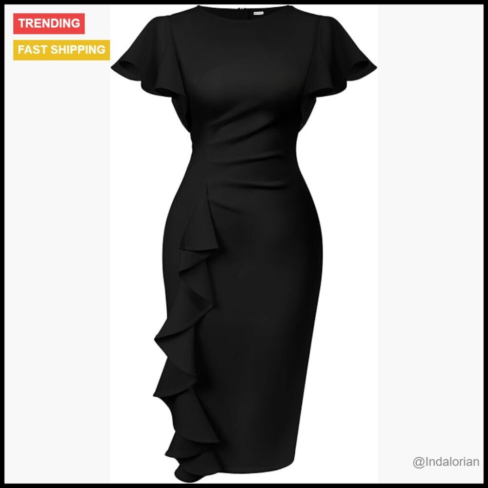 Vintage Church Ruffle Sleeve Ruched Bodycon Work Midi Pencil Dress